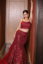 Maroon Sequined Mermaid Lehenga Set with Embroidered Crop Top