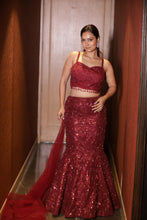 Maroon Sequined Mermaid Lehenga Set with Embroidered Crop Top