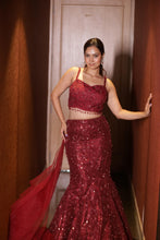 Maroon Sequined Mermaid Lehenga Set with Embroidered Crop Top