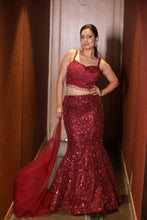 Maroon Sequined Mermaid Lehenga Set with Embroidered Crop Top