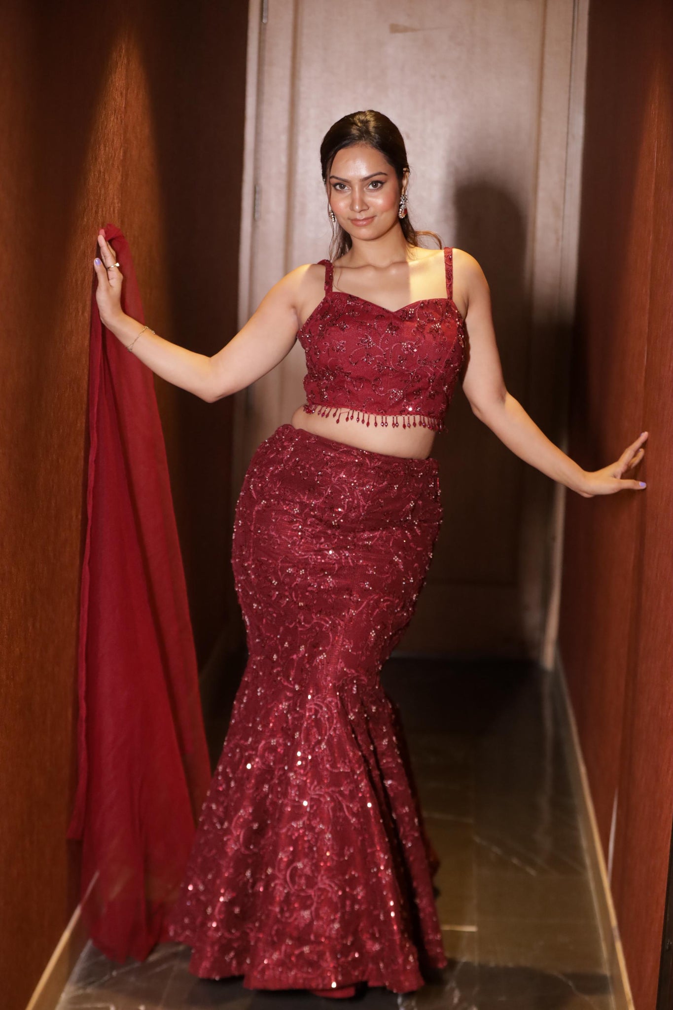 Maroon Sequined Mermaid Lehenga Set with Embroidered Crop Top