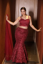Maroon Sequined Mermaid Lehenga Set with Embroidered Crop Top