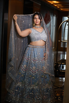 Silver Blue Heavy Embroidered Wedding Lehenga
