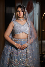 Silver Blue Heavy Embroidered Wedding Lehenga
