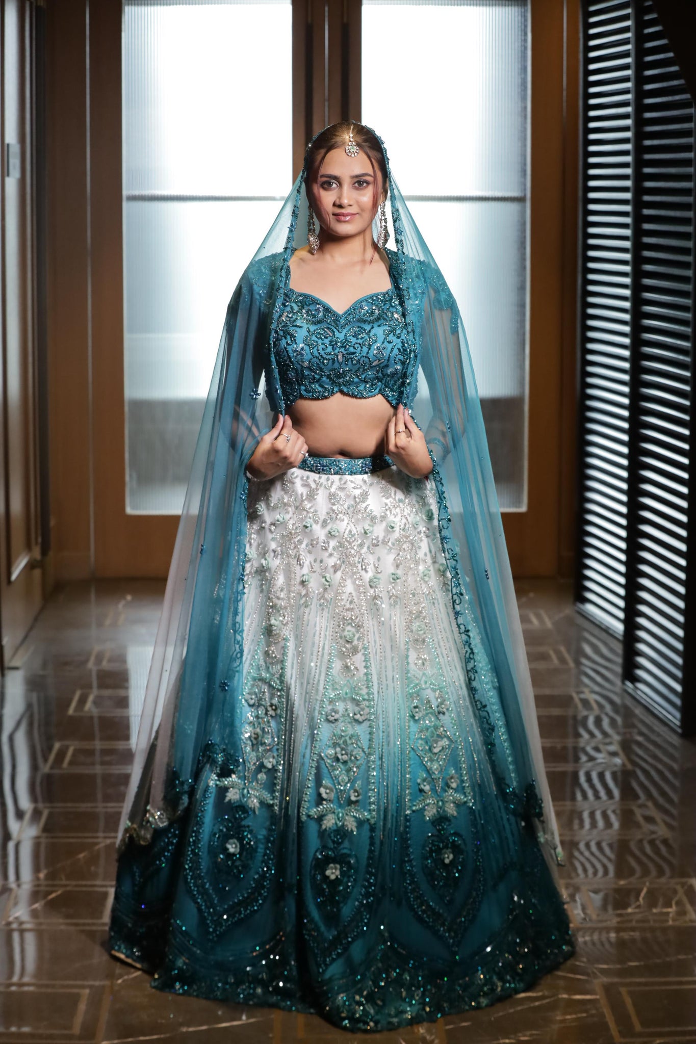 Teal Blue Ombre Embroidered Bridal Lehenga Choli