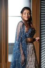 Duotone Blue & Silver Heavy Embroidered Bridal Lehenga