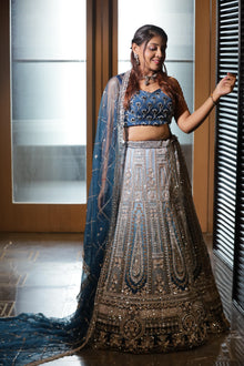 Duotone Blue & Silver Heavy Embroidered Bridal Lehenga