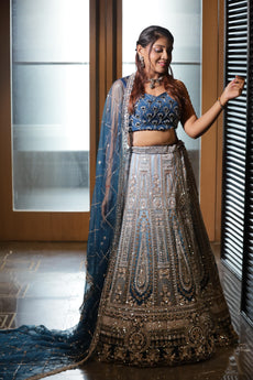 Duotone Blue & Silver Heavy Embroidered Bridal Lehenga
