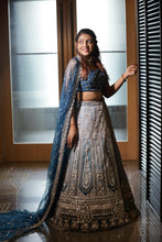 Duotone Blue & Silver Heavy Embroidered Bridal Lehenga