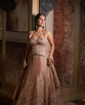 Dusky Rose Halter Neck Embellished Corset and Lehenga