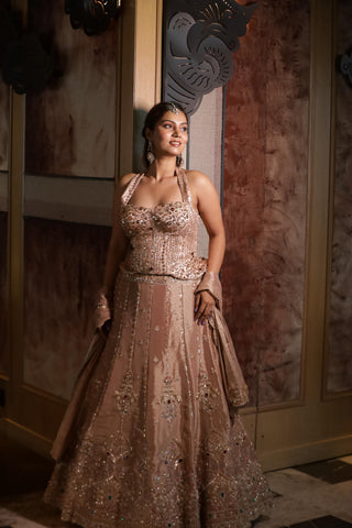 Dusky Rose Halter Neck Embellished Corset and Lehenga
