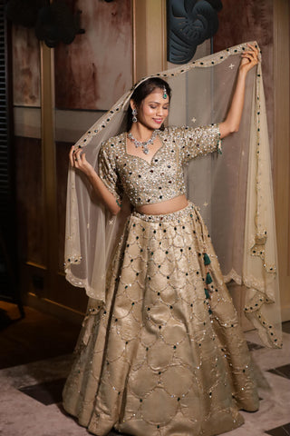 Champagne Gold Hand-Embroidered Bridal Silk Lehenga