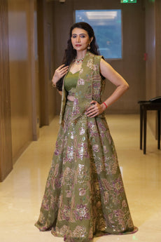 Olive Green Floral Embroidered Designer Lehenga Set