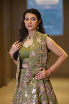 Olive Green Floral Embroidered Designer Lehenga Set