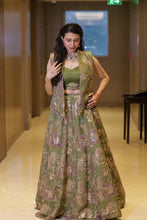 Olive Green Floral Embroidered Designer Lehenga Set