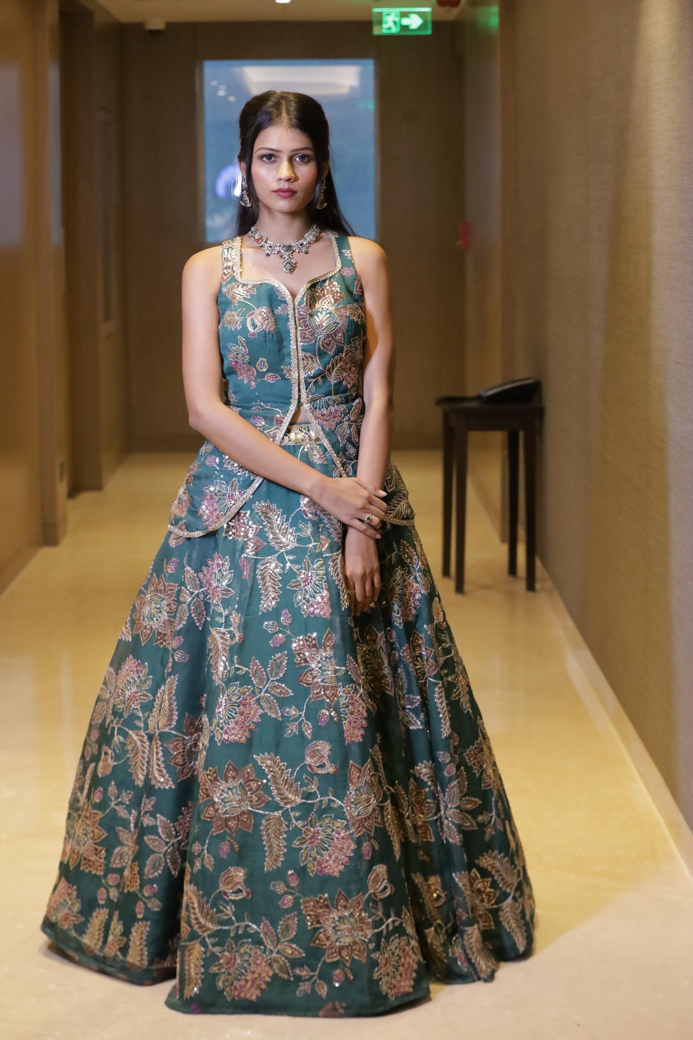 Teal Floral Zari Embroidered Lehenga Set