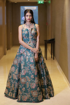 Teal Floral Zari Embroidered Lehenga Set