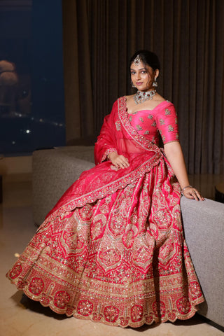 Ruby Red Bridal Lehenga with Heavy Embroidery & Dupatta