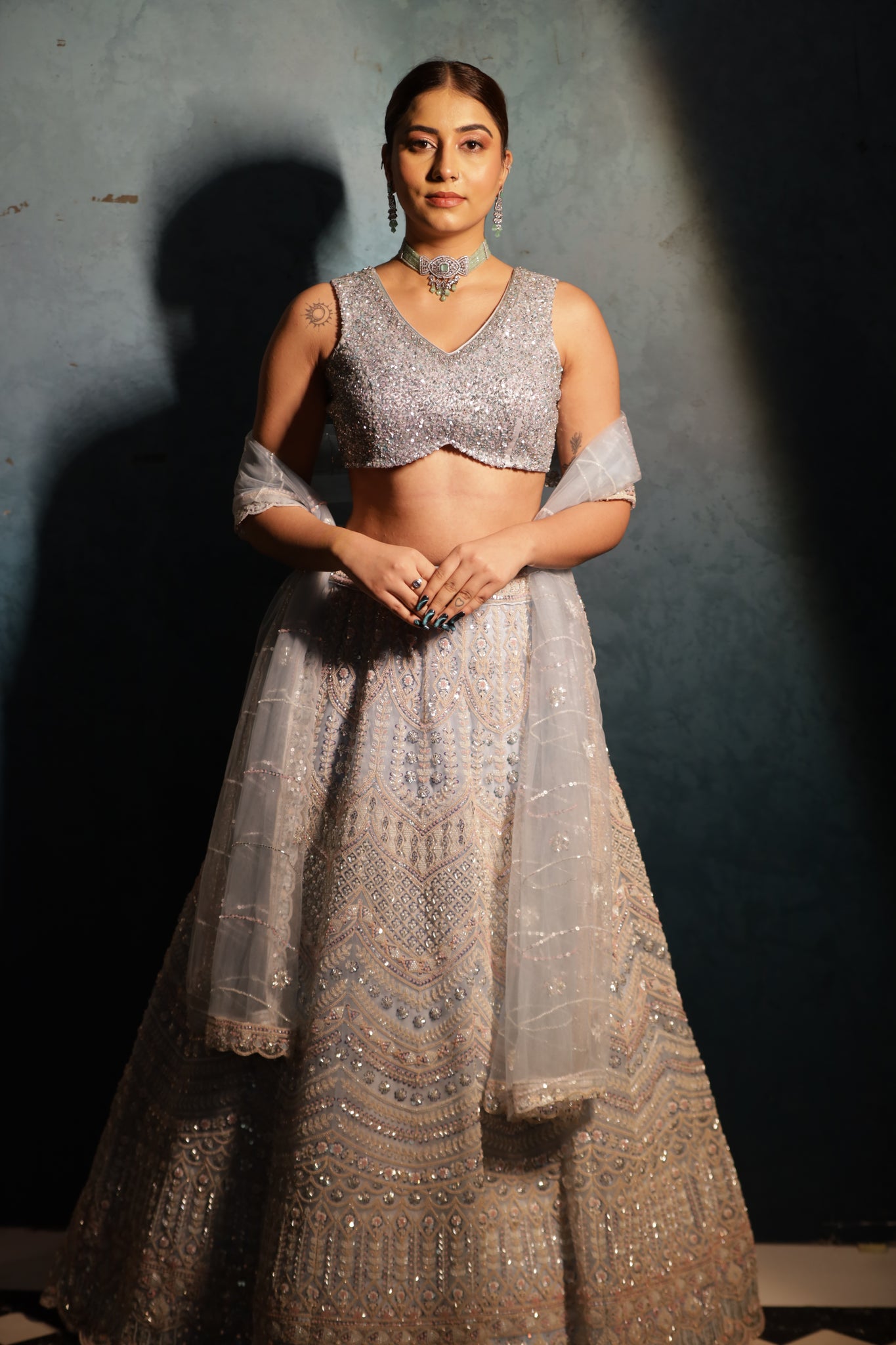 GULABO - Sky Blue Embroidered Net Readymade Lehenga