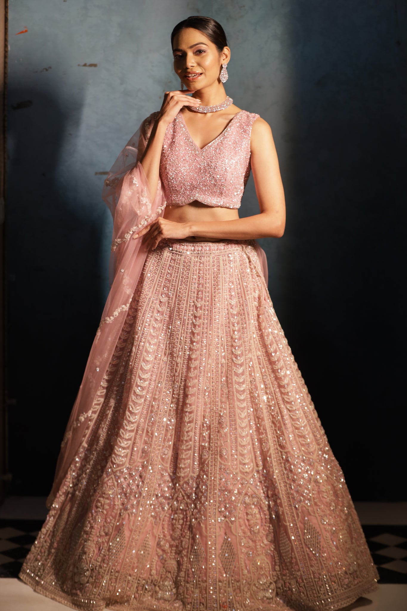 ITRH-  lemonade Pink Net Reception lehenga Embroidered with Pearls