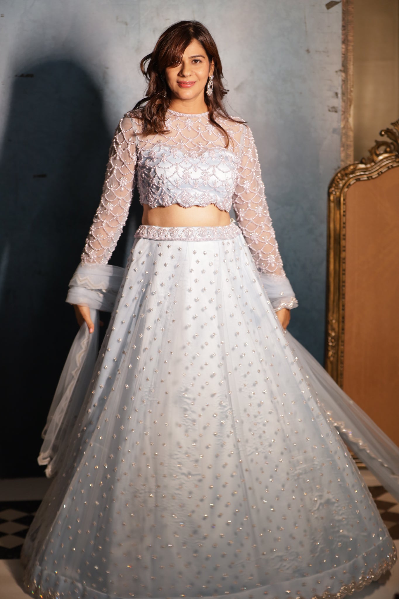 GULABO - Sky Blue Embroidered Net Readymade Lehenga