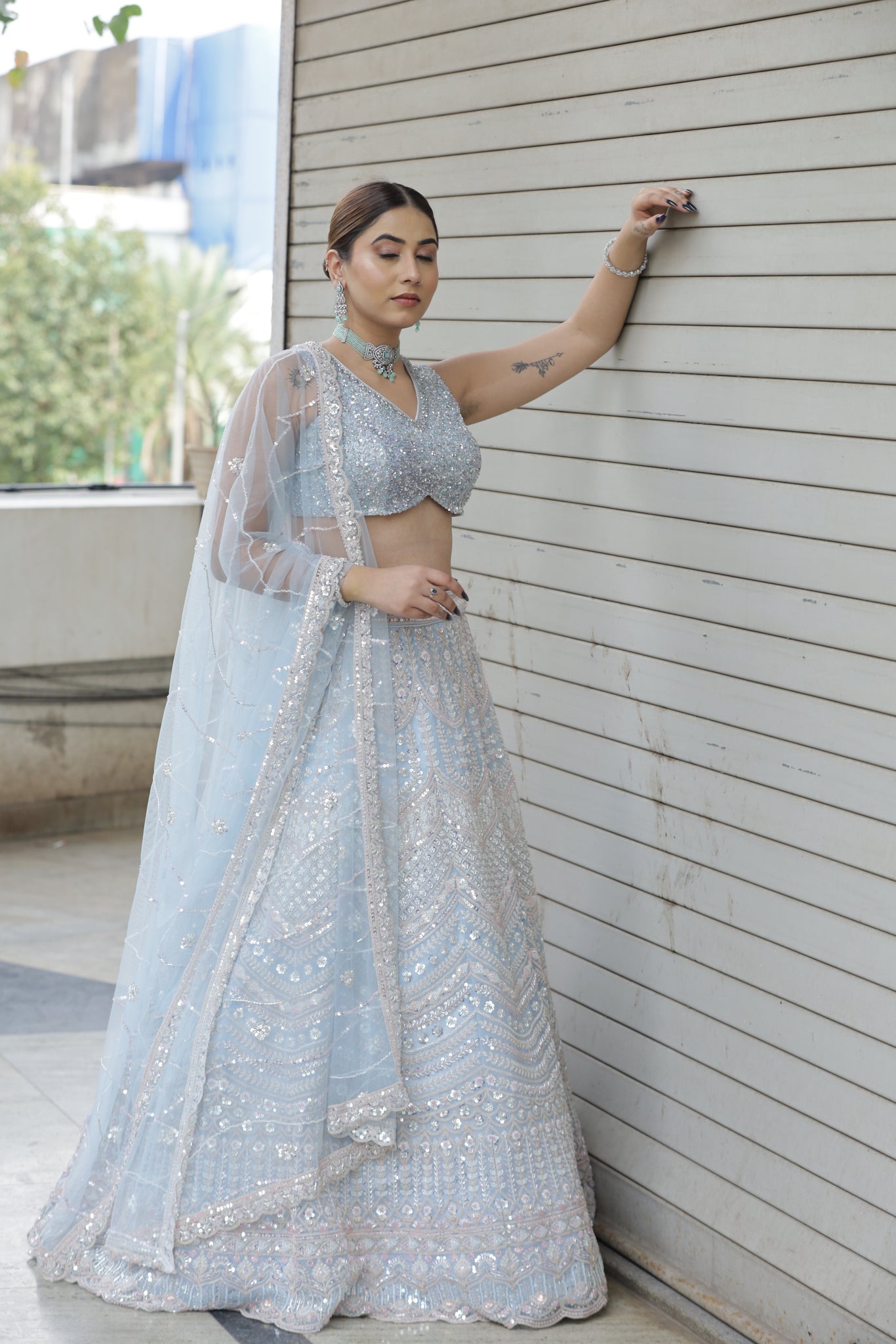 Sky blue  lehenga  in Crystral, & Zari work with Matching blouse and Dupatta