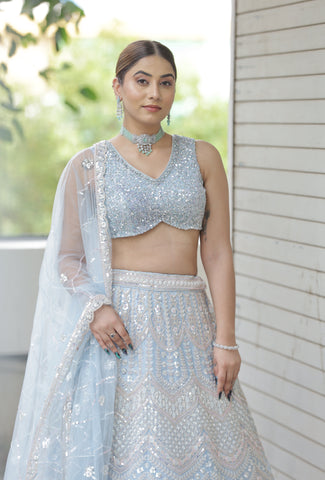 Sky blue  lehenga  in Crystral, & Zari work with Matching blouse and Dupatta