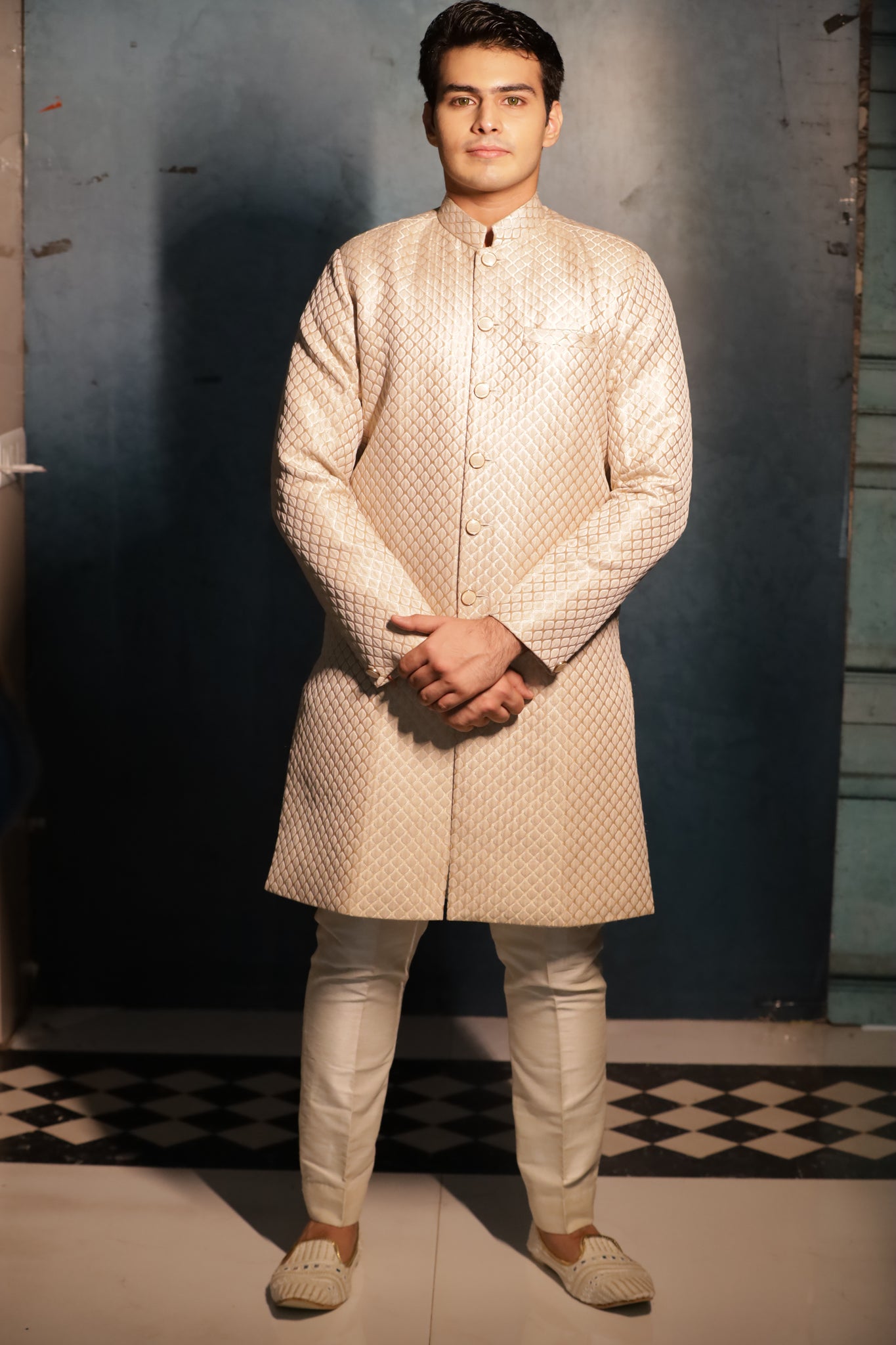 UTSAV-Woven Art Silk Jacquard Sherwani in Cream