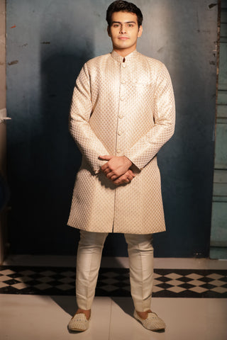 UTSAV-Woven Art Silk Jacquard Sherwani in Cream