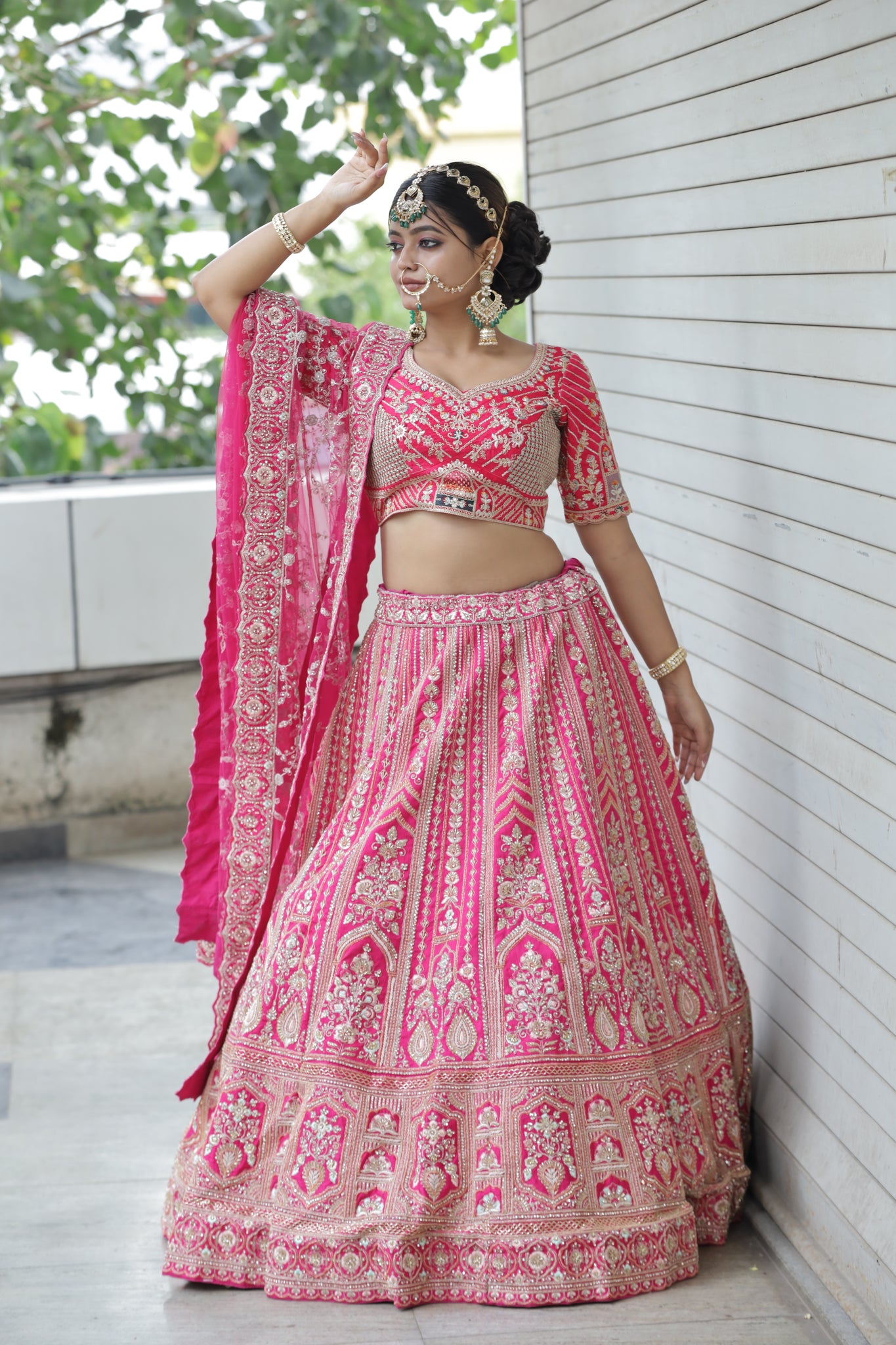 SHANNO pink 14 Kali Embroidered Bridal Lehenga Blouse With Scallop Dupatta