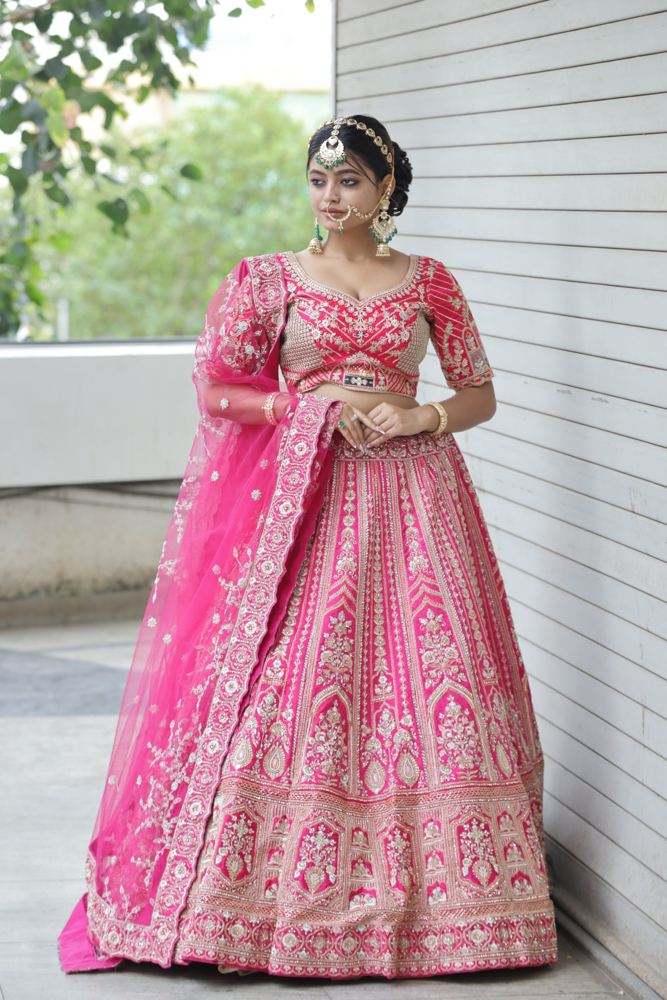 SHANNO pink 14 Kali Embroidered Bridal Lehenga Blouse With Scallop Dupatta