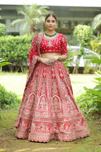 SHANNO Red 14 Kali Embroidered Bridal Lehenga Blouse With Scallop Dupatta.