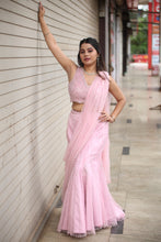 Ekaya Pink  Net Handcrafted Fishcut Lehenga Saree Set .