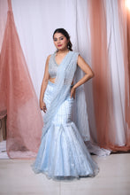 Ekaya Sky Blue  Net Handcrafted Fishcut Lehenga Saree Set .