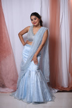 Ekaya Sky Blue  Net Handcrafted Fishcut Lehenga Saree Set .