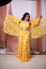 RIYANA-Yellow Printed Crop Top Pant And Full Sleeves Jacket