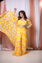 RIYANA-Yellow Printed Crop Top Pant And Full Sleeves Jacket