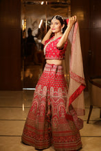 SCARLETT RED Zardozi and resham bridal hand Embroidered Lehenga Set