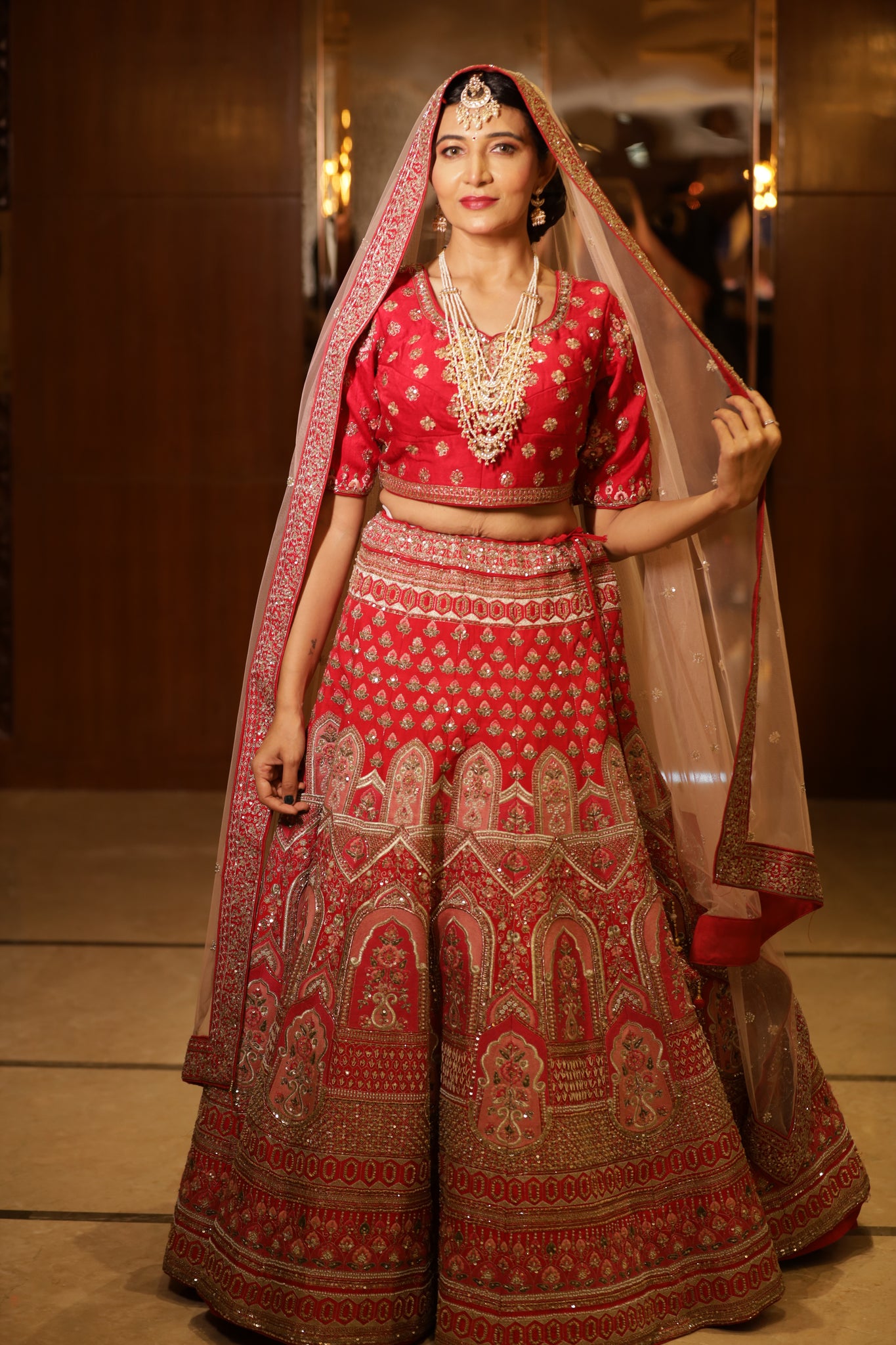 SCARLETT RED Zardozi and resham bridal hand Embroidered Lehenga Set