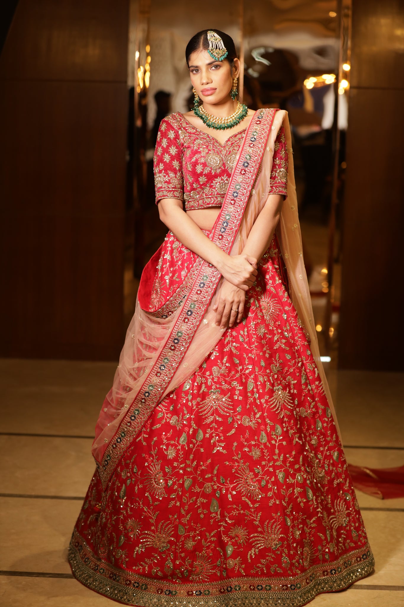 ROOP-VENETIAN Red raw silk lehenga with Aari ,cutdana ,sequins ,thread work