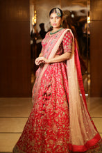 ROOP-VENETIAN Red raw silk lehenga with Aari ,sequins ,thread work