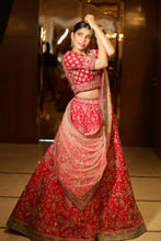 ROOP-VENETIAN Red raw silk lehenga with Aari ,sequins ,thread work