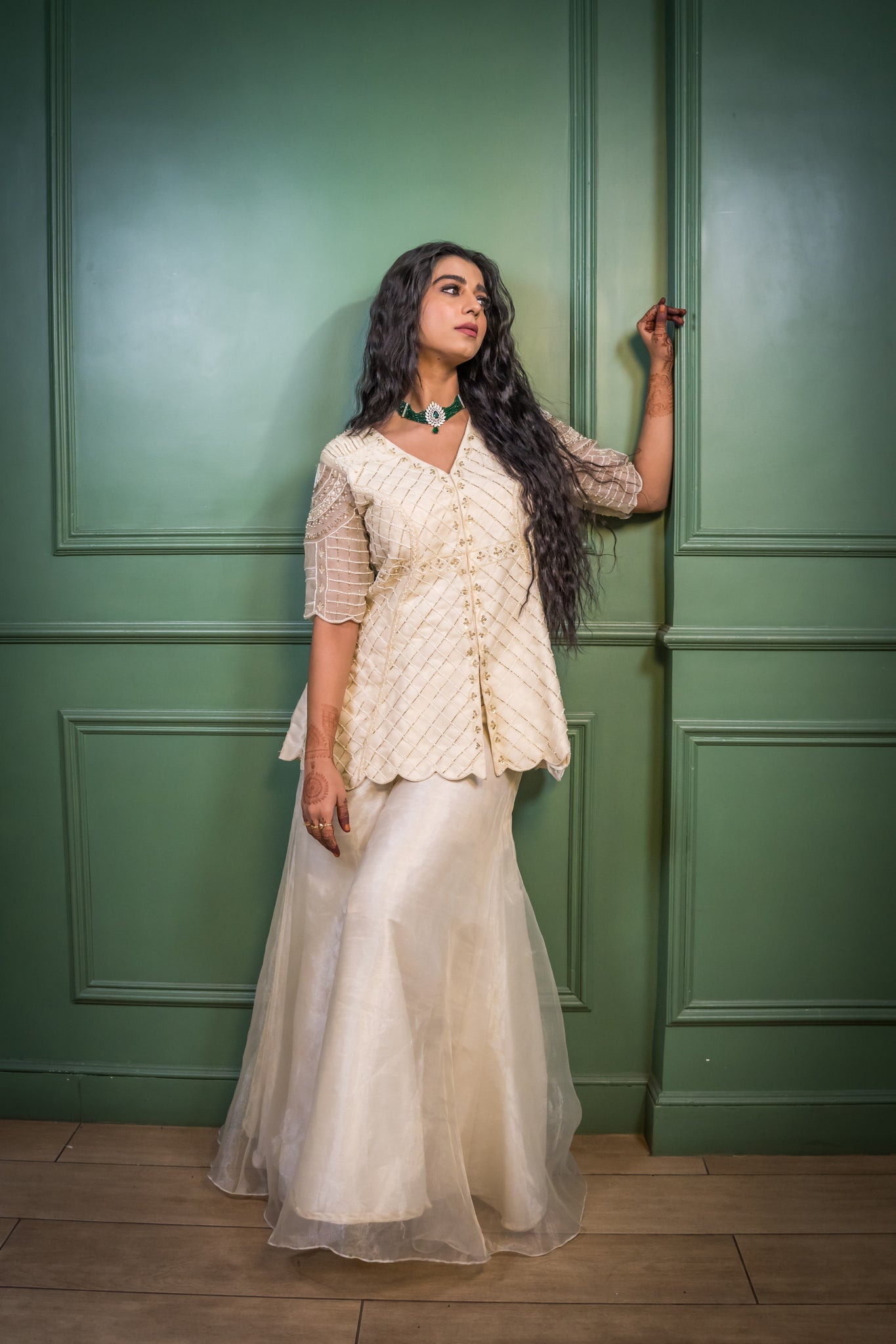 Nashit - Ivory White Handcrafted Peplum Jacket with Palazzo in Cutdana, Pearl and Stone Work.