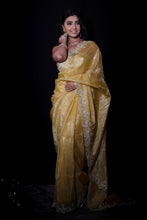 ARANZA-Gold Yellow Designer Tissue Silk Saree with heavy embroidered border Unstitched Blouse