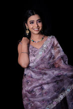 TAJANAE-Purple Saree Embroidered Organza With Floral Motifs and Unstitched Blouse