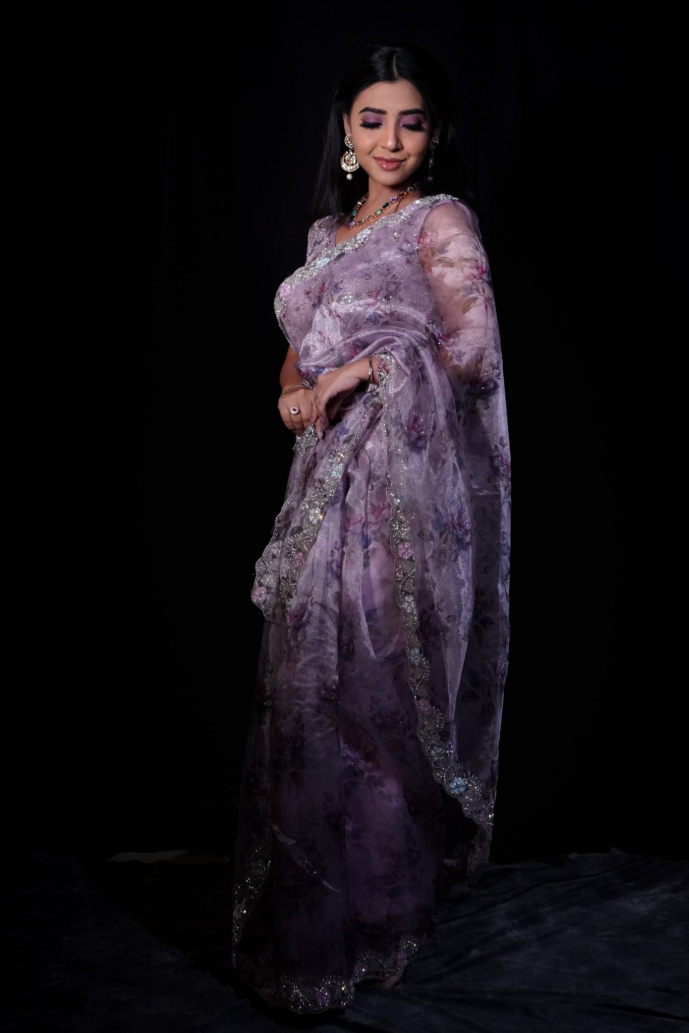 TAJANAE-Purple Saree Embroidered Organza With Floral Motifs and Unstitched Blouse