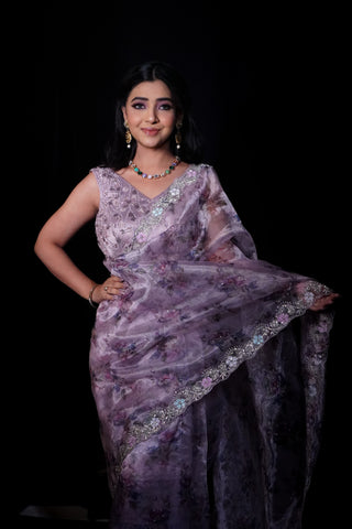 TAJANAE-Purple Saree Embroidered Organza With Floral Motifs and Unstitched Blouse