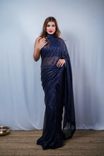 AGATA Navy Blue Net Saree With Blouse.