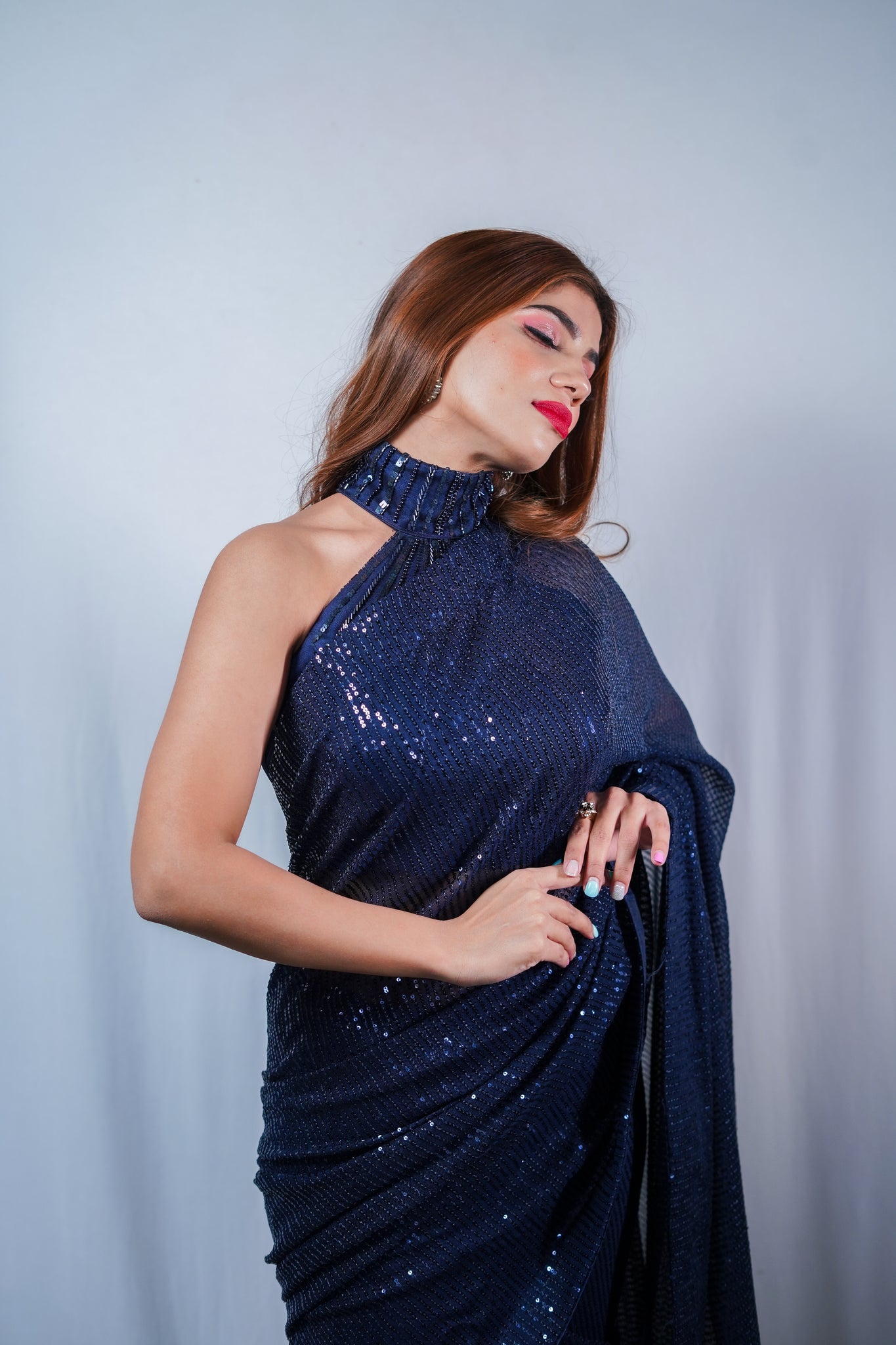 AGATA Navy Blue Net Saree With Blouse.