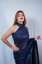 AGATA Navy Blue Net Saree With Blouse.